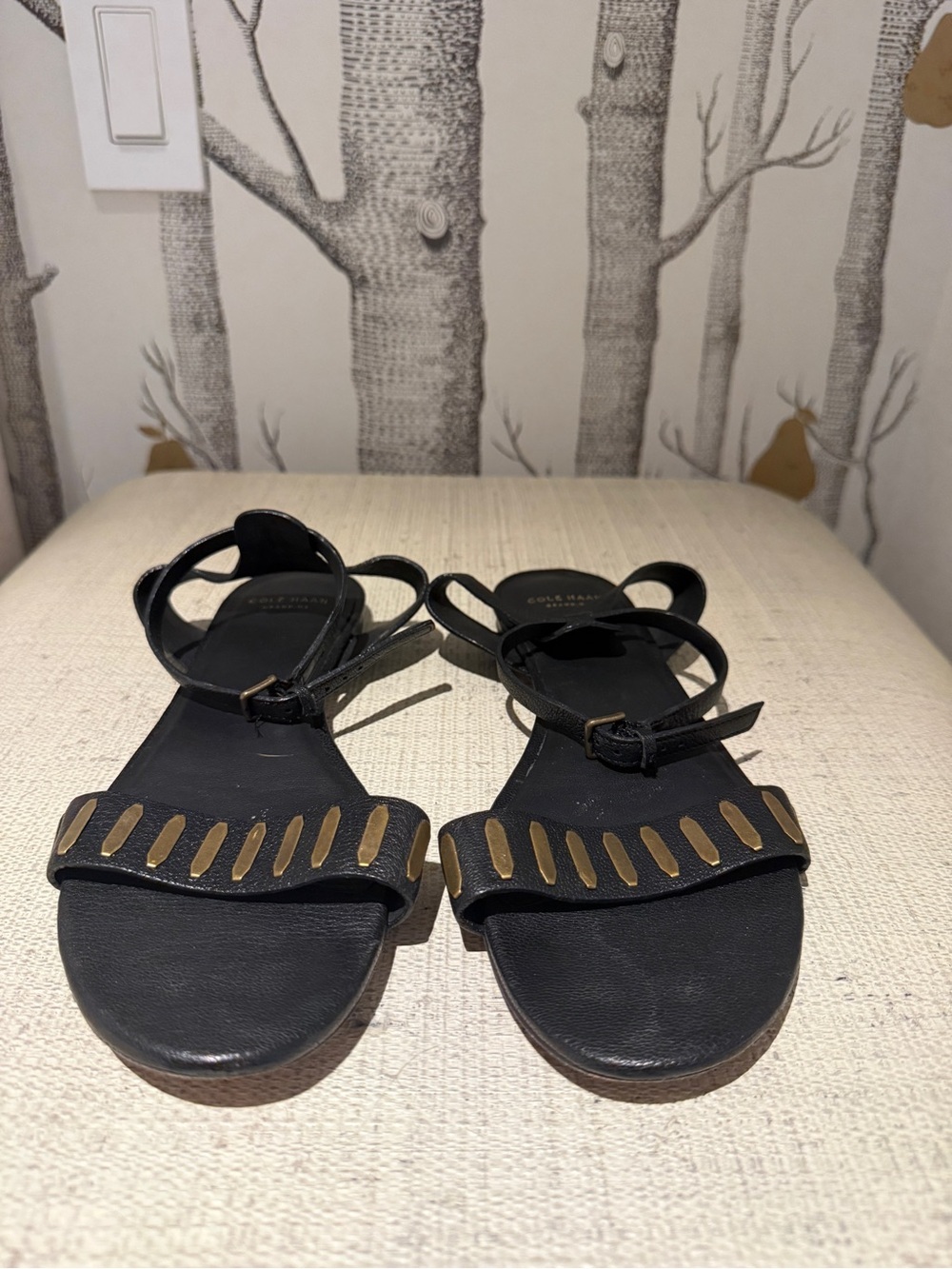 Cole Haan Black Leather Ankle-Strap Sandals with Gold Accents - Picture 4 of 7